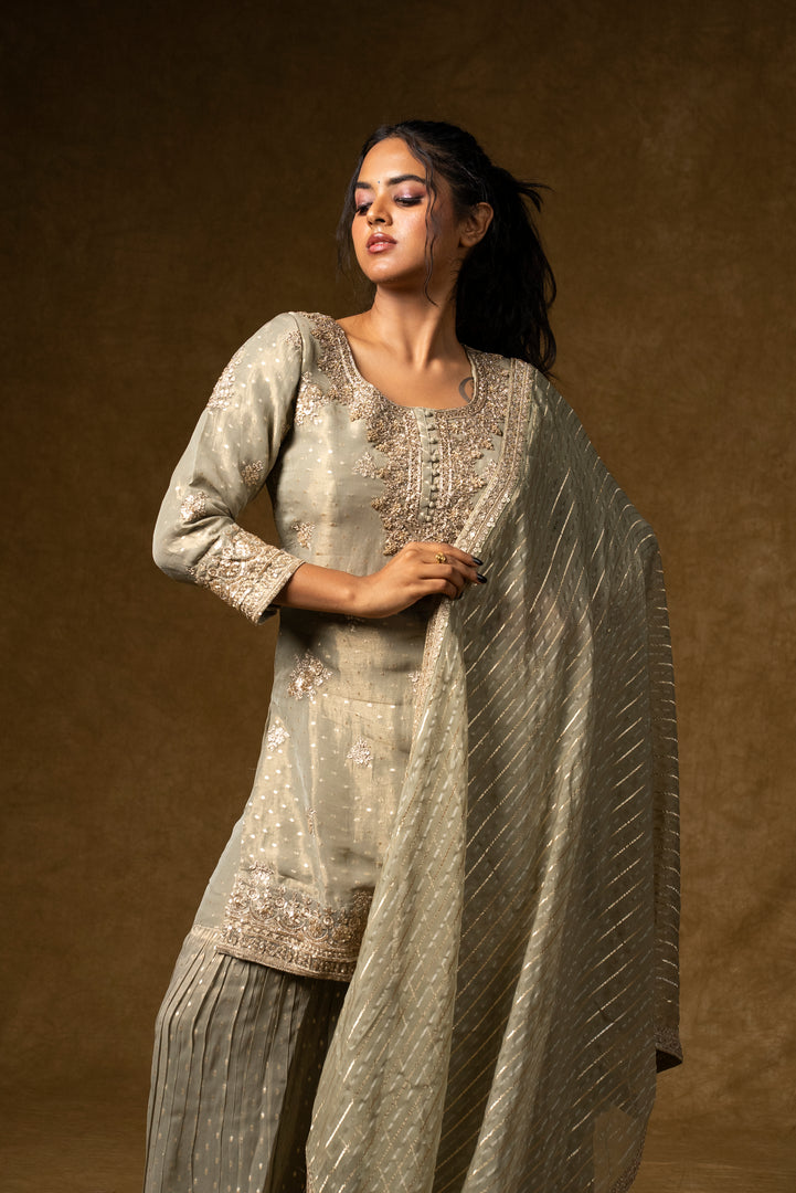 Pearl Grey Embroidered Palazzo Set