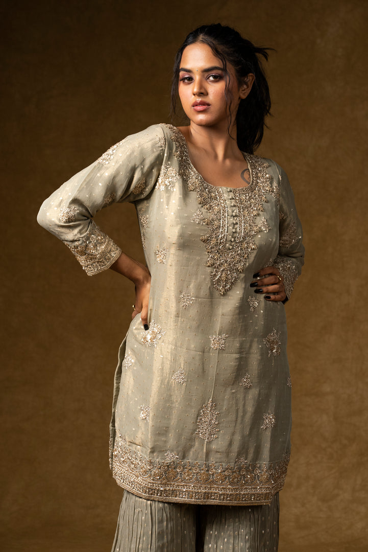 Pearl Grey Embroidered Palazzo Set