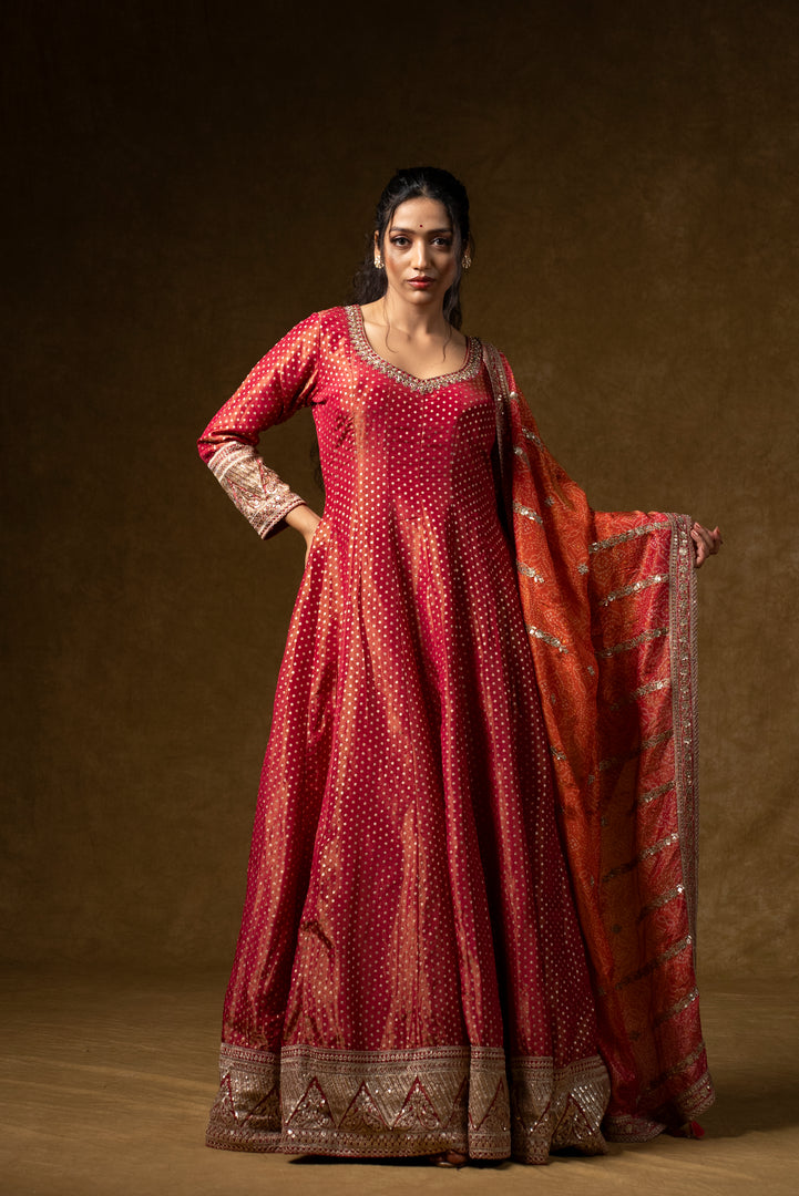 Deep Red Bandhani Anarkali Set