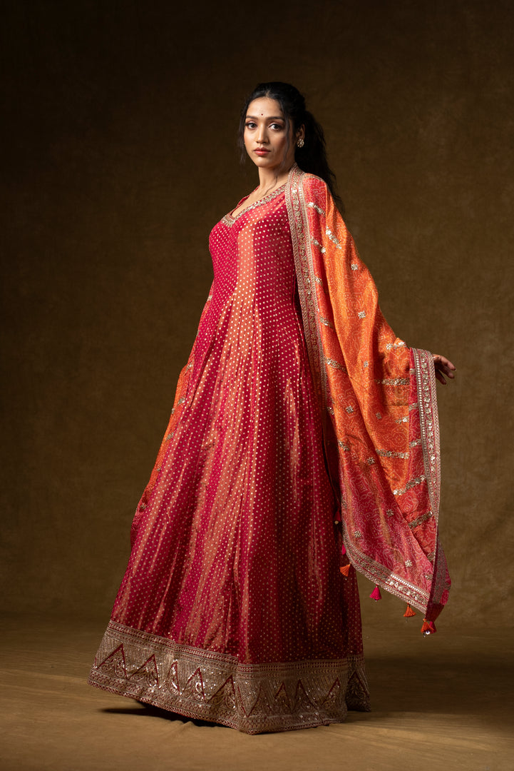 Deep Red Bandhani Anarkali Set