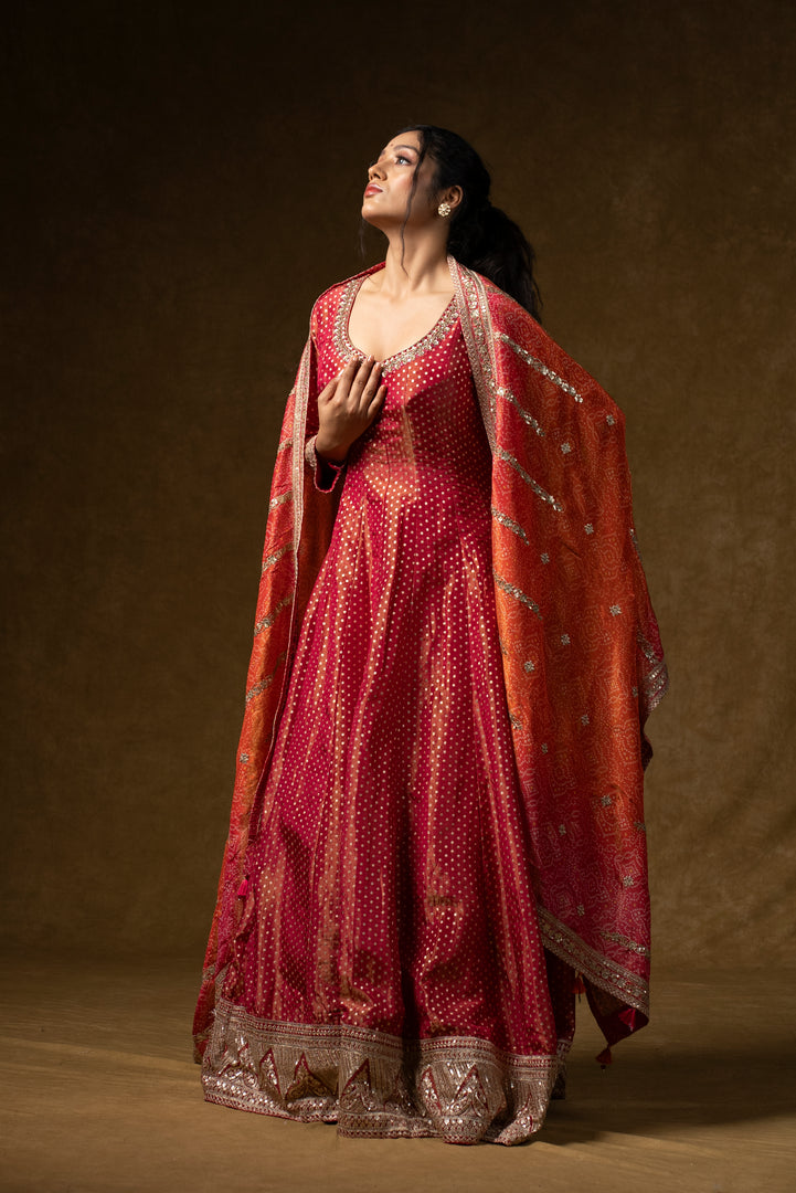 Deep Red Bandhani Anarkali Set