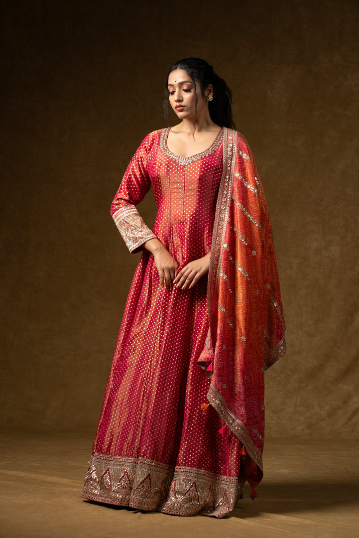 Deep Red Bandhani Anarkali Set