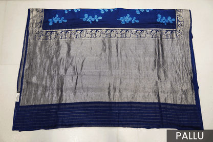 Elegant Blue Satin Silk Saree Featuring Silver Zari and Printed Patterns