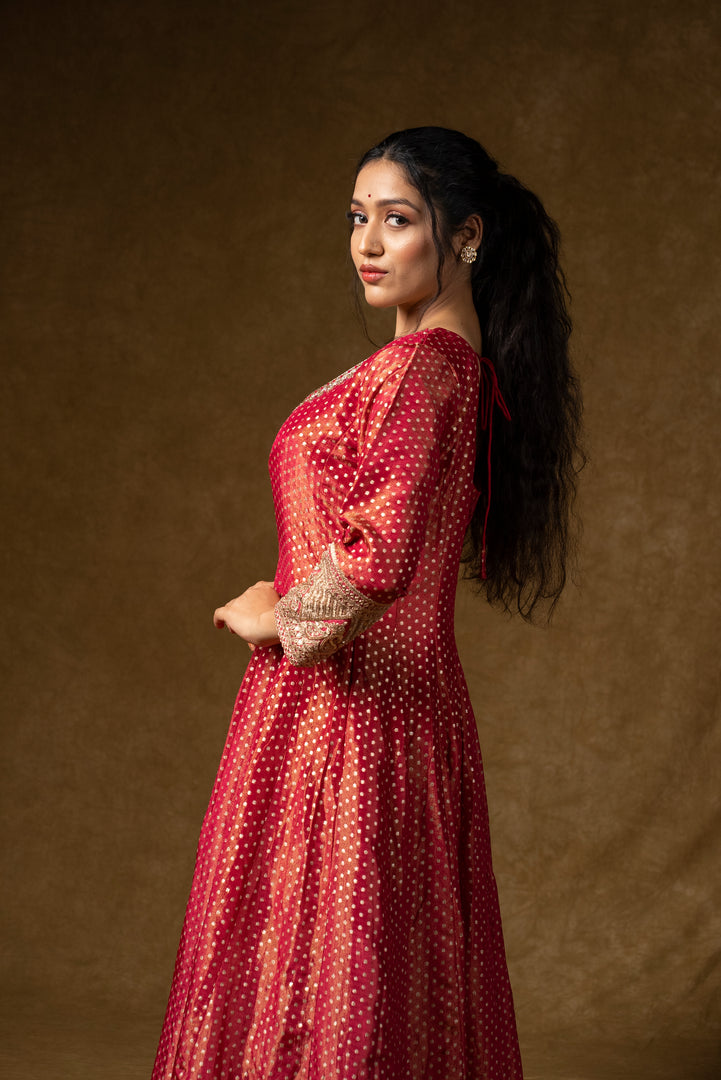 Deep Red Bandhani Anarkali Set