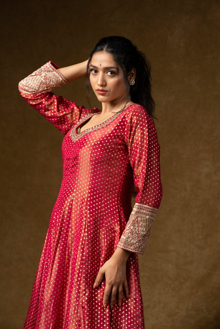 Deep Red Bandhani Anarkali Set