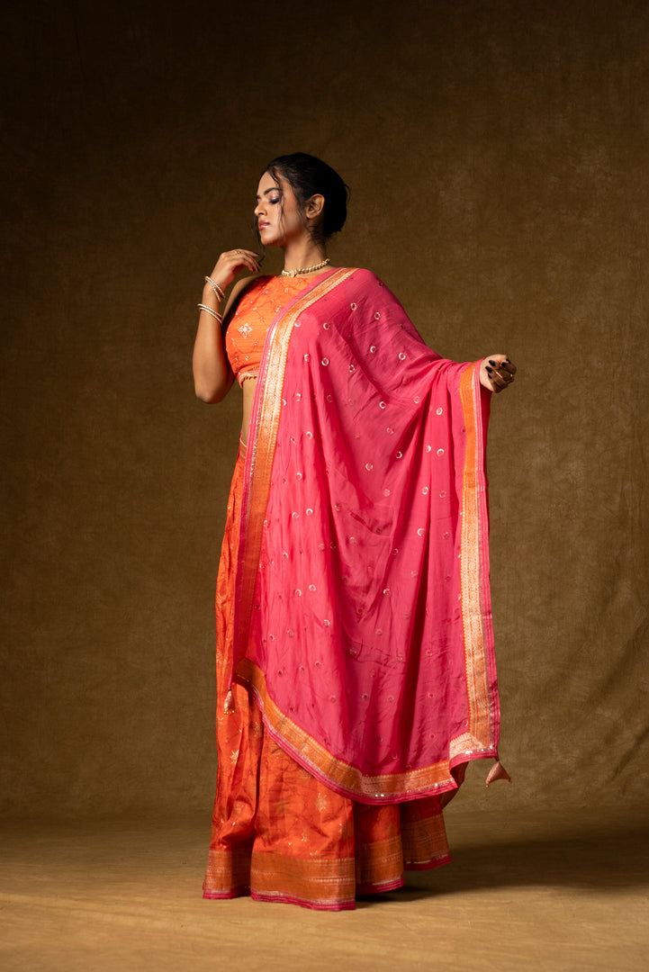 Orange and Pink Silk Lehenga Set