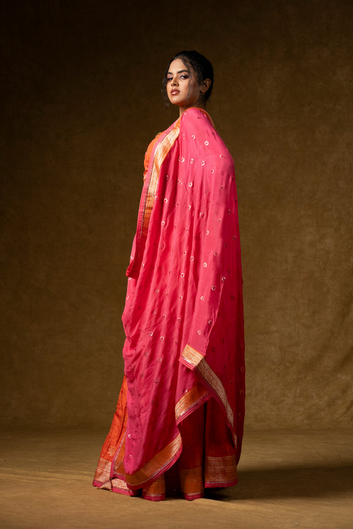 Orange and Pink Silk Lehenga Set