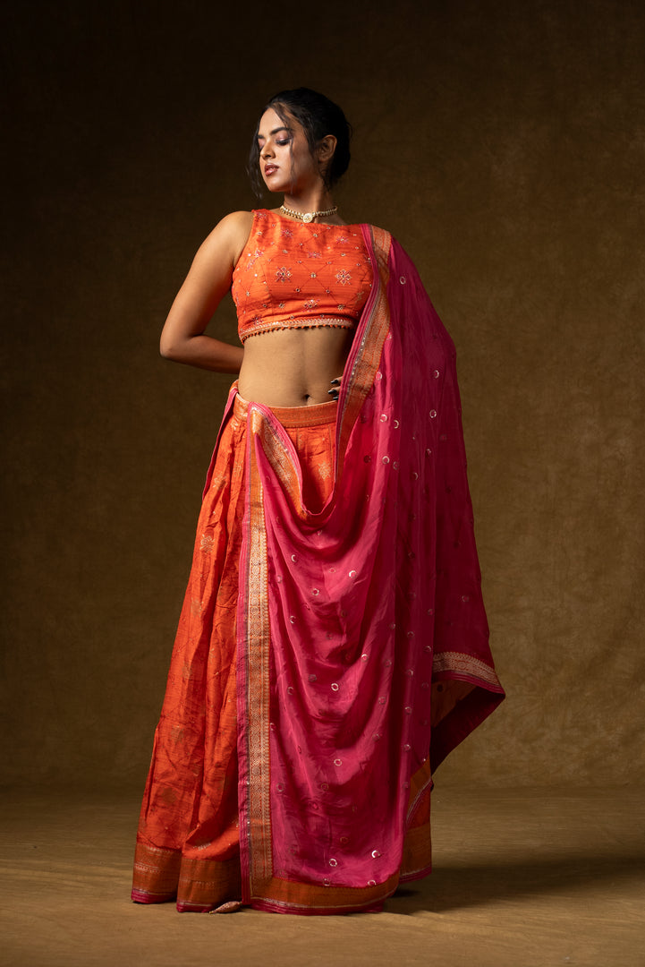 Orange and Pink Silk Lehenga Set