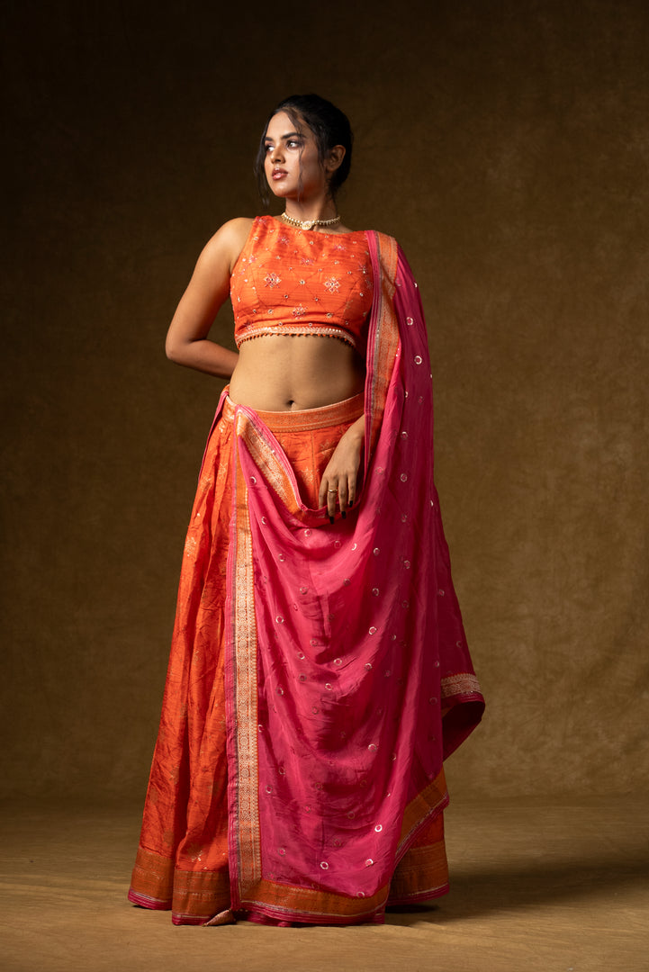 Orange and Pink Silk Lehenga Set