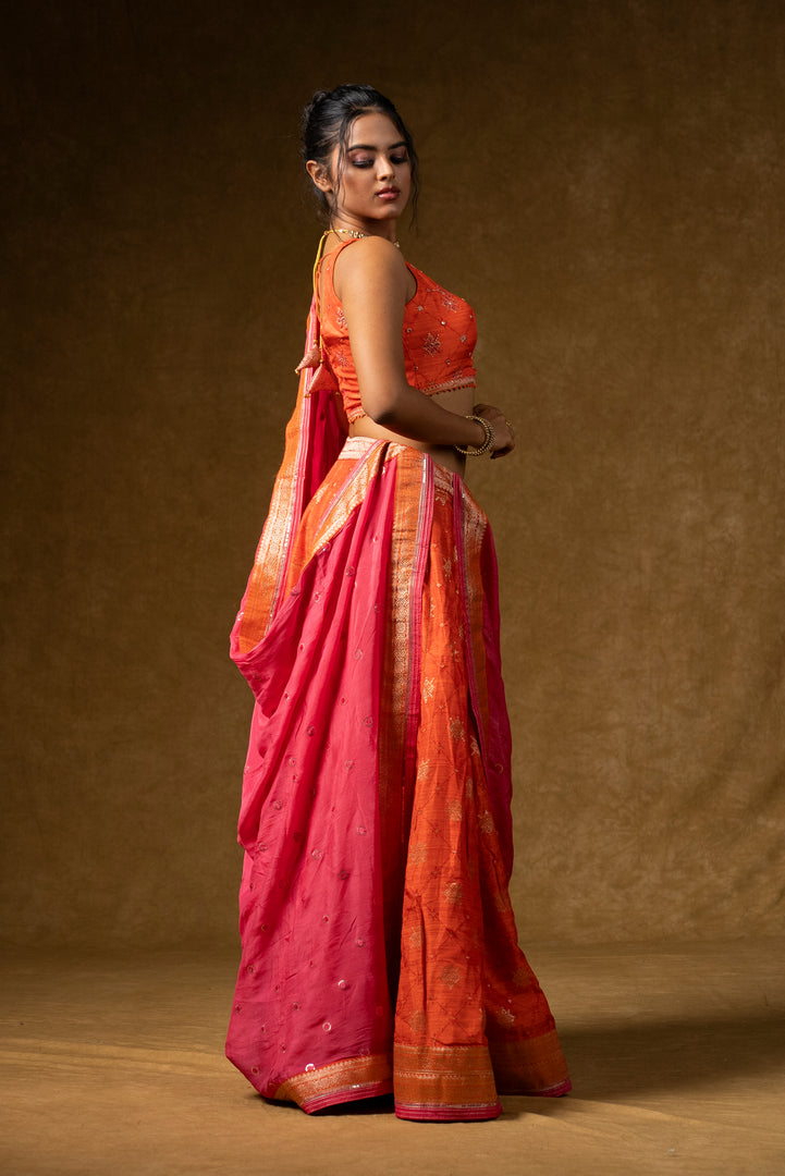 Orange and Pink Silk Lehenga Set