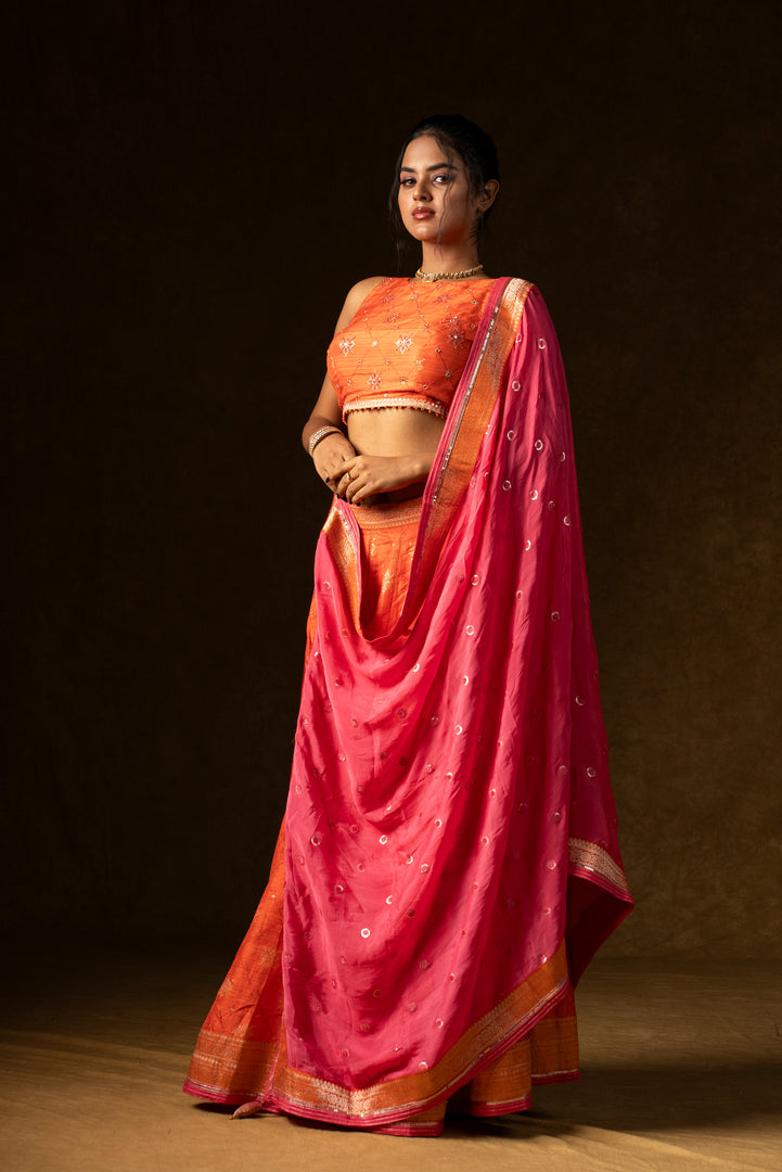 Orange and Pink Silk Lehenga Set