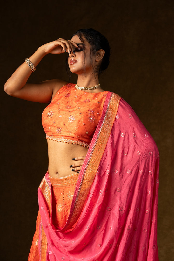 Orange and Pink Silk Lehenga Set