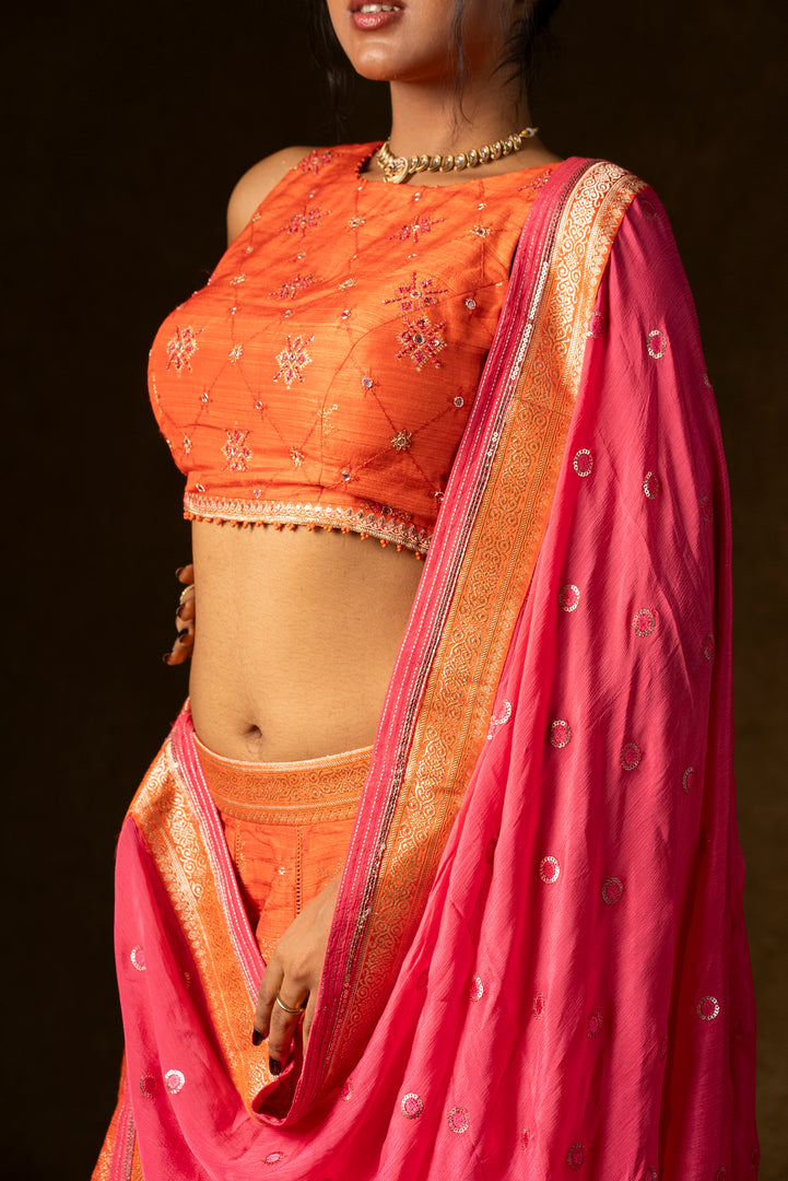 Orange and Pink Silk Lehenga Set