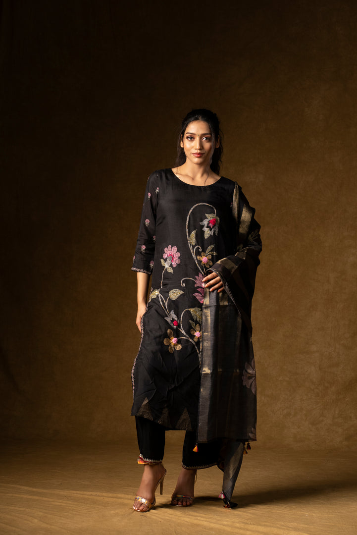 Black Floral Embroidered Suit Set