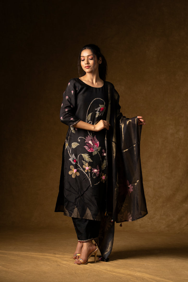 Black Floral Embroidered Suit Set