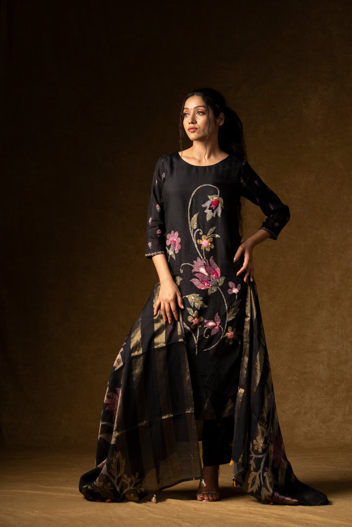 Black Floral Embroidered Suit Set