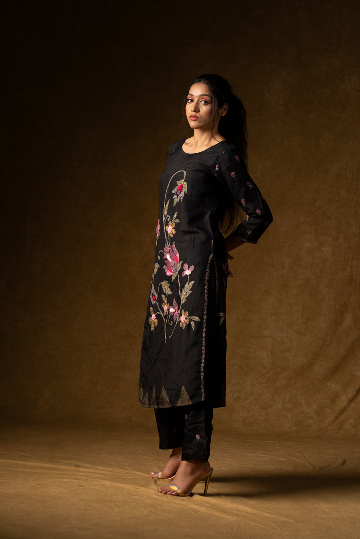 Black Floral Embroidered Suit Set