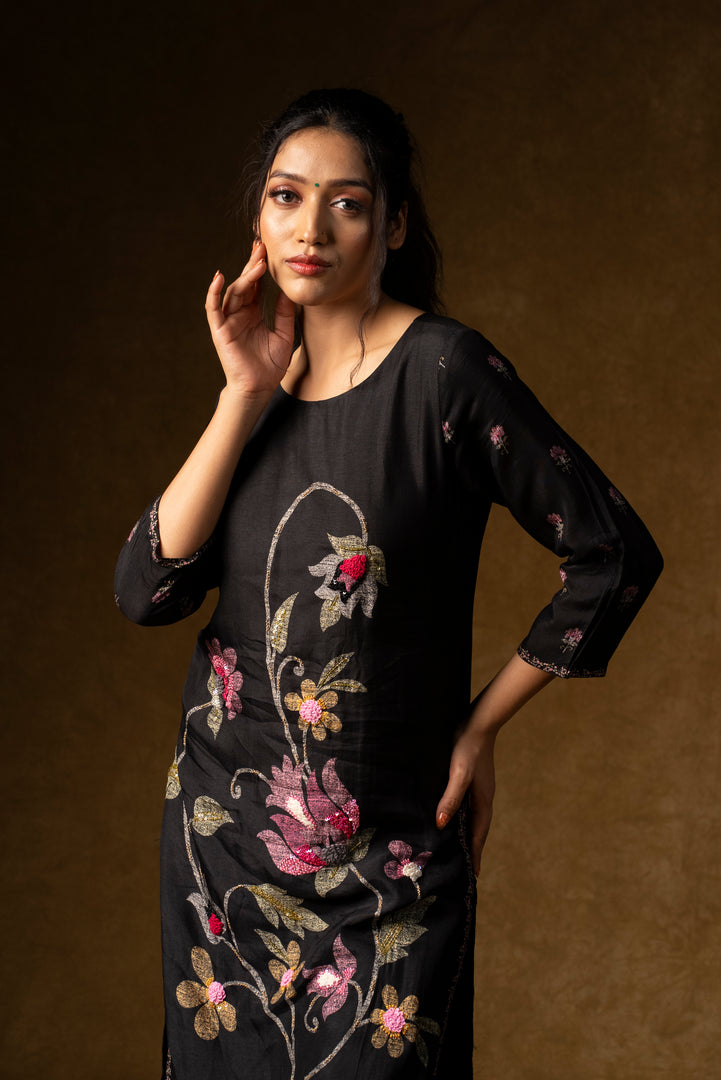 Black Floral Embroidered Suit Set