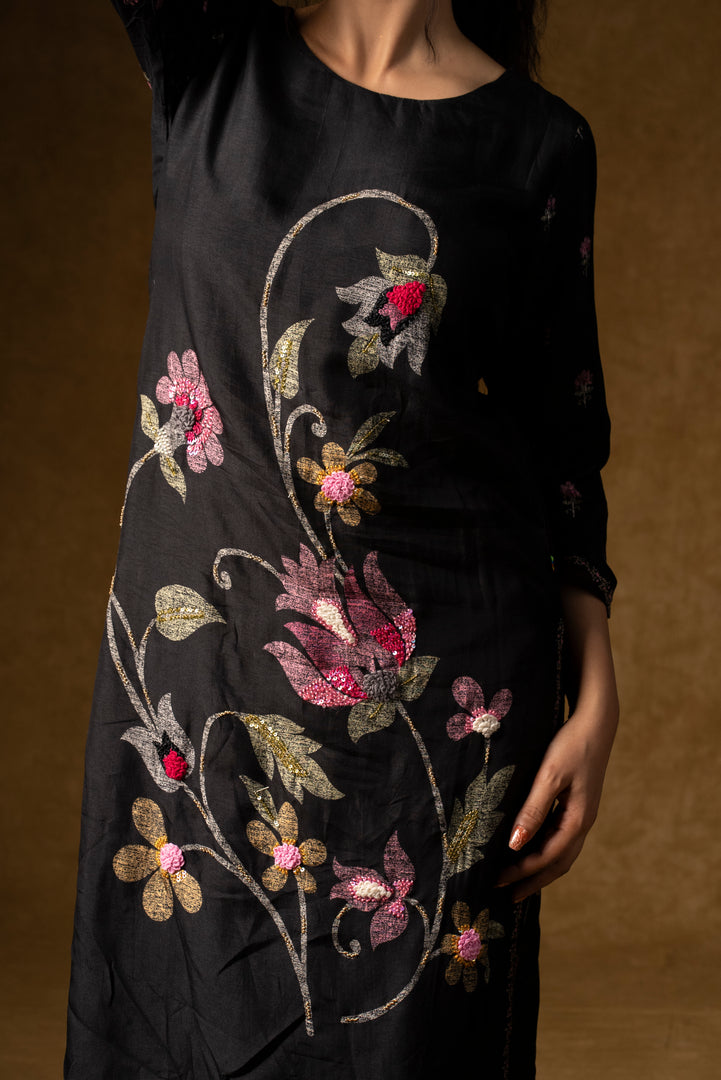 Black Floral Embroidered Suit Set