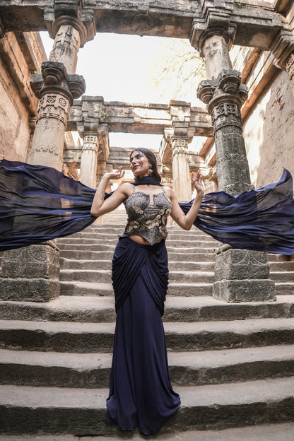 Midnight Drape Ready-to-Wear Saree with Embellished Corset Choli