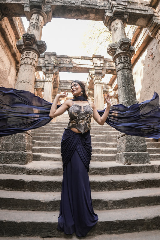 Midnight Drape Ready-to-Wear Saree with Embellished Corset Choli