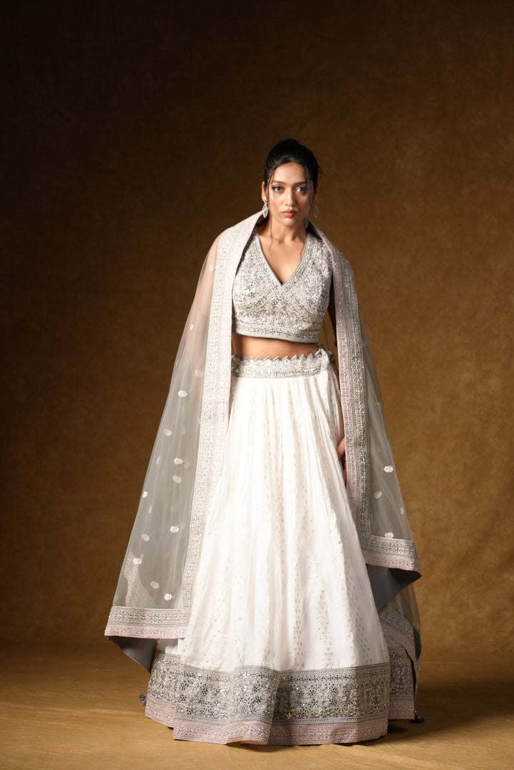 White Crystal Embellished Lehenga Set