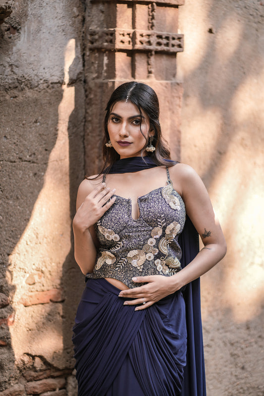 Midnight Drape Ready-to-Wear Saree with Embellished Corset Choli
