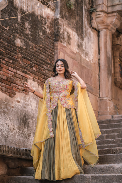 Sunlit Shimmer Kediya Choli Set with Flared Skirt & Shrug