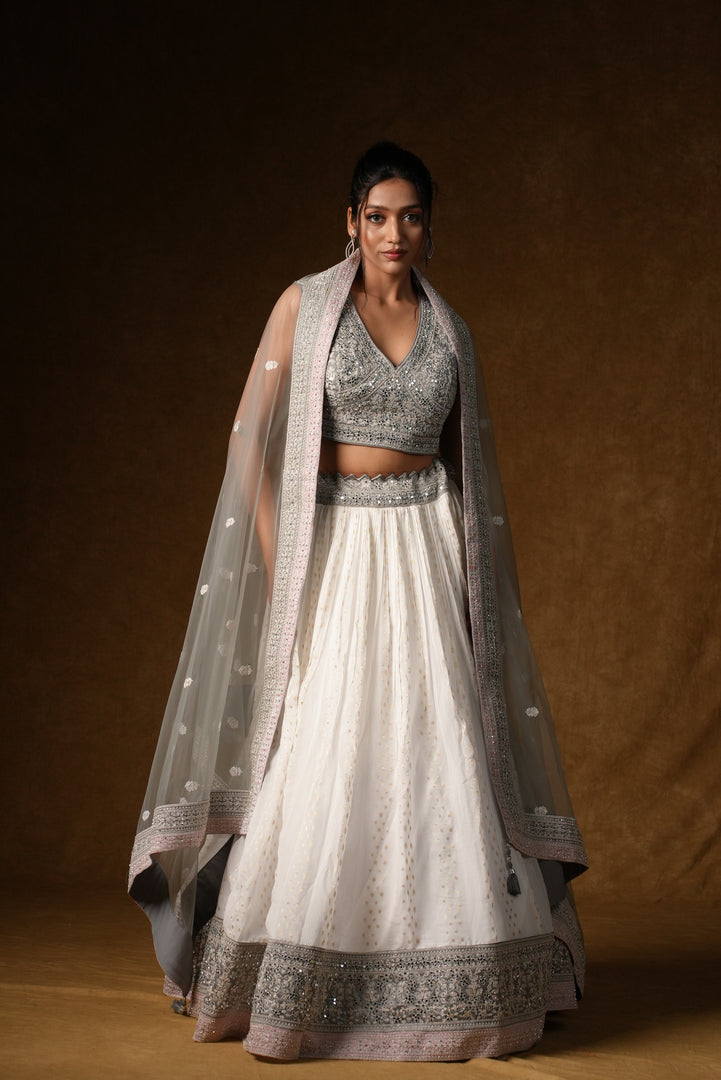 White Crystal Embellished Lehenga Set