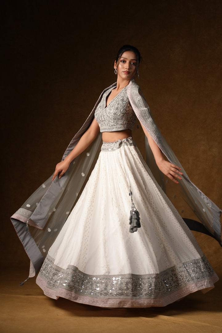 White Crystal Embellished Lehenga Set