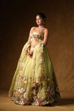 Load image into Gallery viewer, Lime Green Floral Embroidered Lehenga Set
