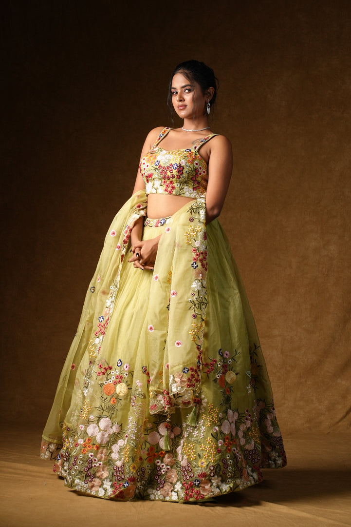 Lime Green Floral Embroidered Lehenga Set