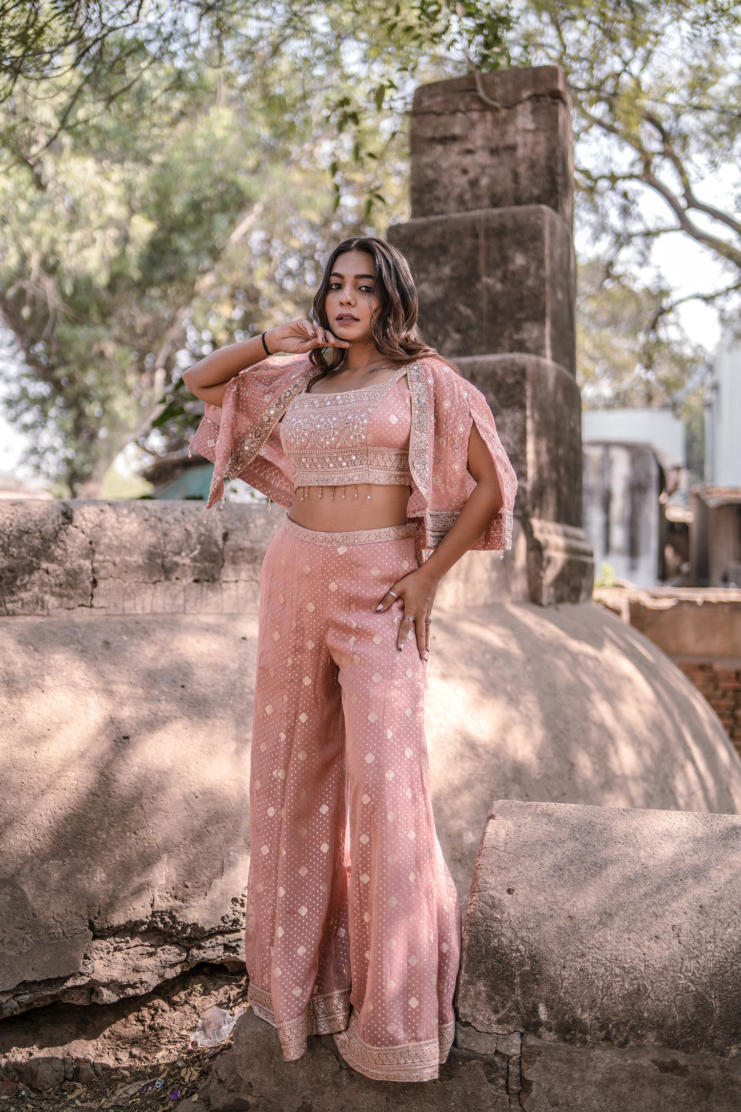 Blush Glow Banarasi Shimmer Palazzo Set with Jacket
