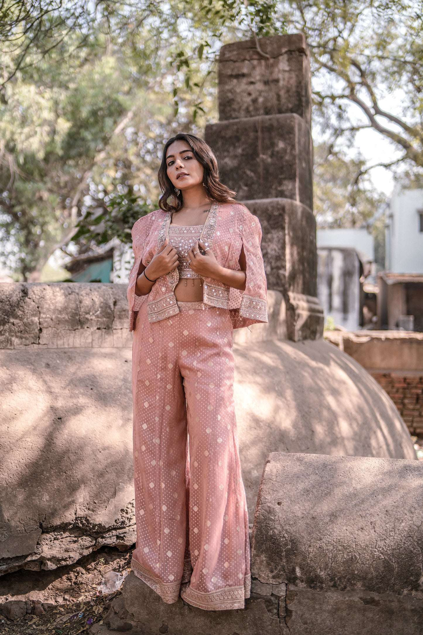 Blush Glow Banarasi Shimmer Palazzo Set with Jacket