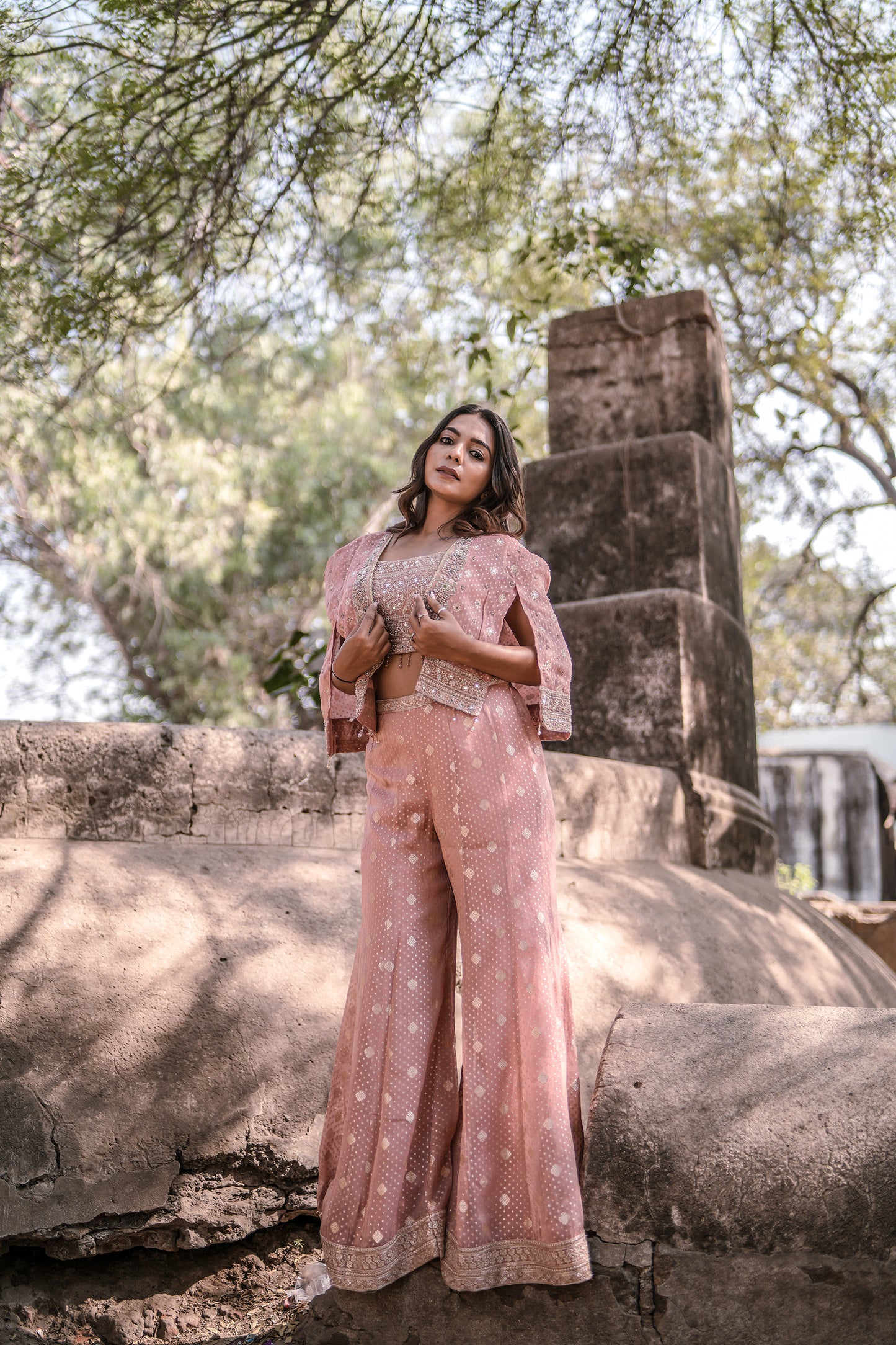 Blush Glow Banarasi Shimmer Palazzo Set with Jacket