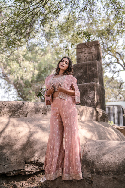 Blush Glow Banarasi Shimmer Palazzo Set with Jacket