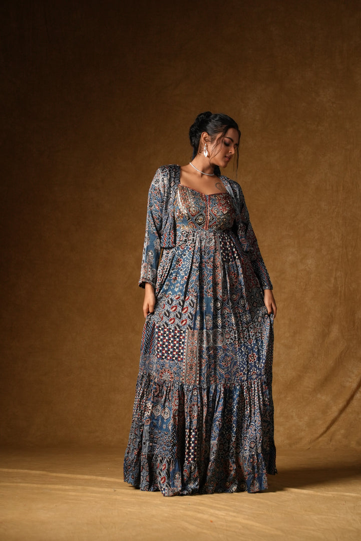 Blue Ajrakh Print Tiered Maxi Dress