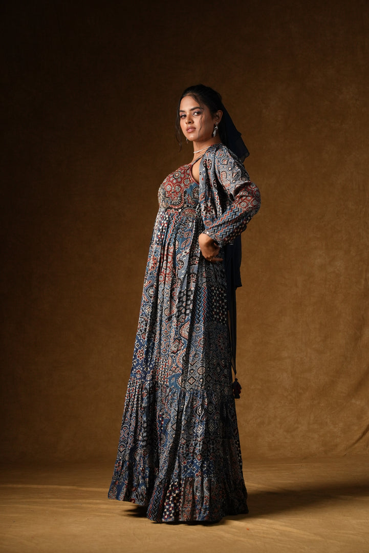 Blue Ajrakh Print Tiered Maxi Dress