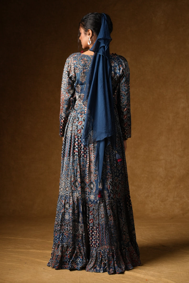 Blue Ajrakh Print Tiered Maxi Dress