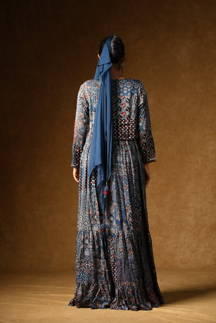 Blue Ajrakh Print Tiered Maxi Dress