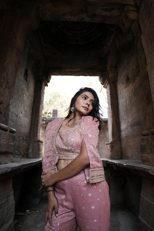 Blush Glow Banarasi Shimmer Palazzo Set with Jacket