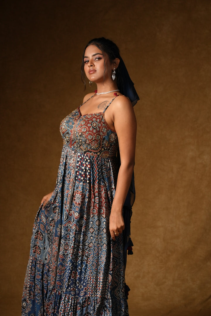 Blue Ajrakh Print Tiered Maxi Dress