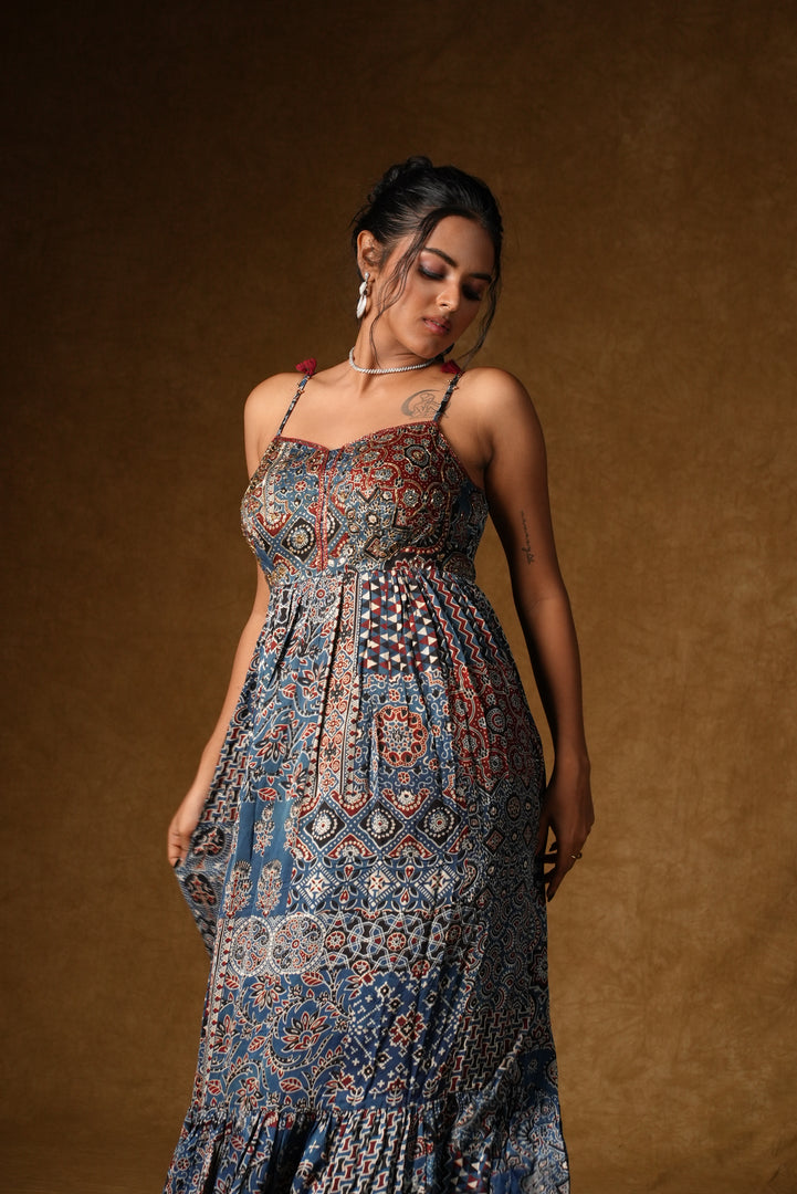 Blue Ajrakh Print Tiered Maxi Dress