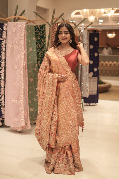 Regal Rose Pure Kanjivaram Silk Saree with Hand Zardozi & Aabla Work