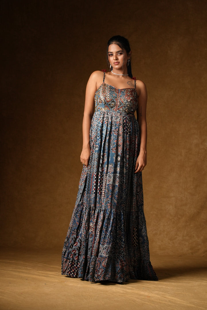 Blue Ajrakh Print Tiered Maxi Dress