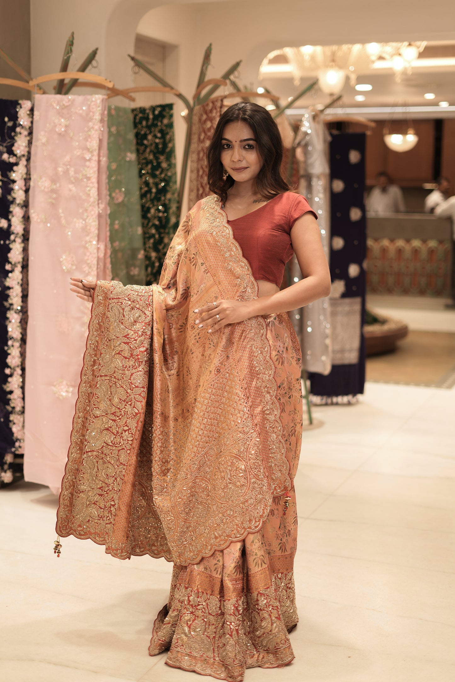 Regal Rose Pure Kanjivaram Silk Saree with Hand Zardozi & Aabla Work