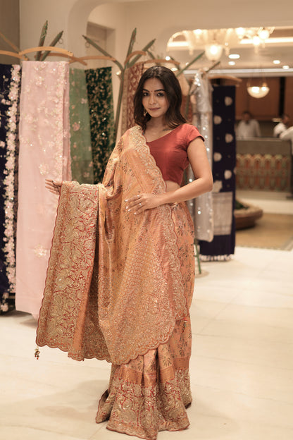 Regal Rose Pure Kanjivaram Silk Saree with Hand Zardozi & Aabla Work