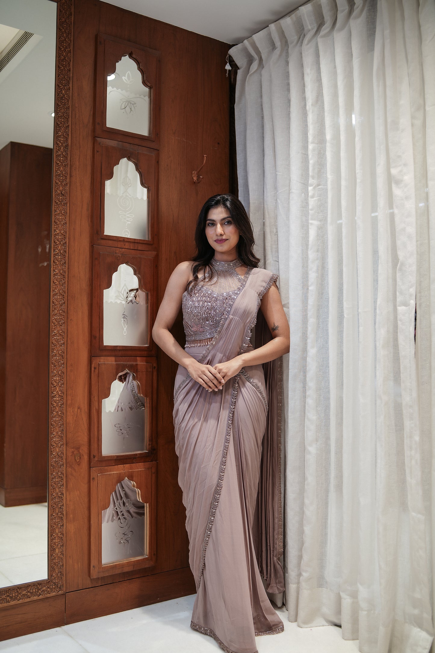 Blush Drape Georgette Ready-to-Wear Saree with Handwork Halter Blouse