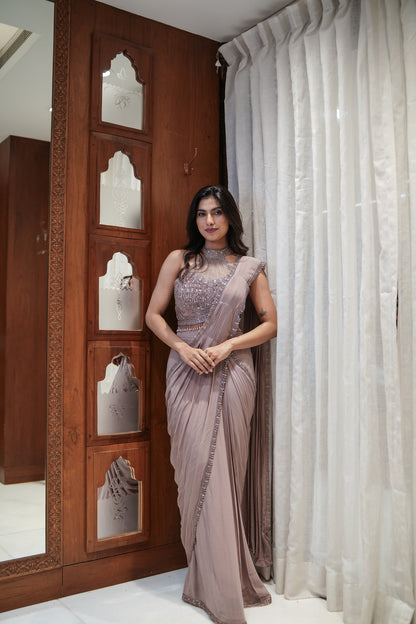 Blush Drape Georgette Ready-to-Wear Saree with Handwork Halter Blouse