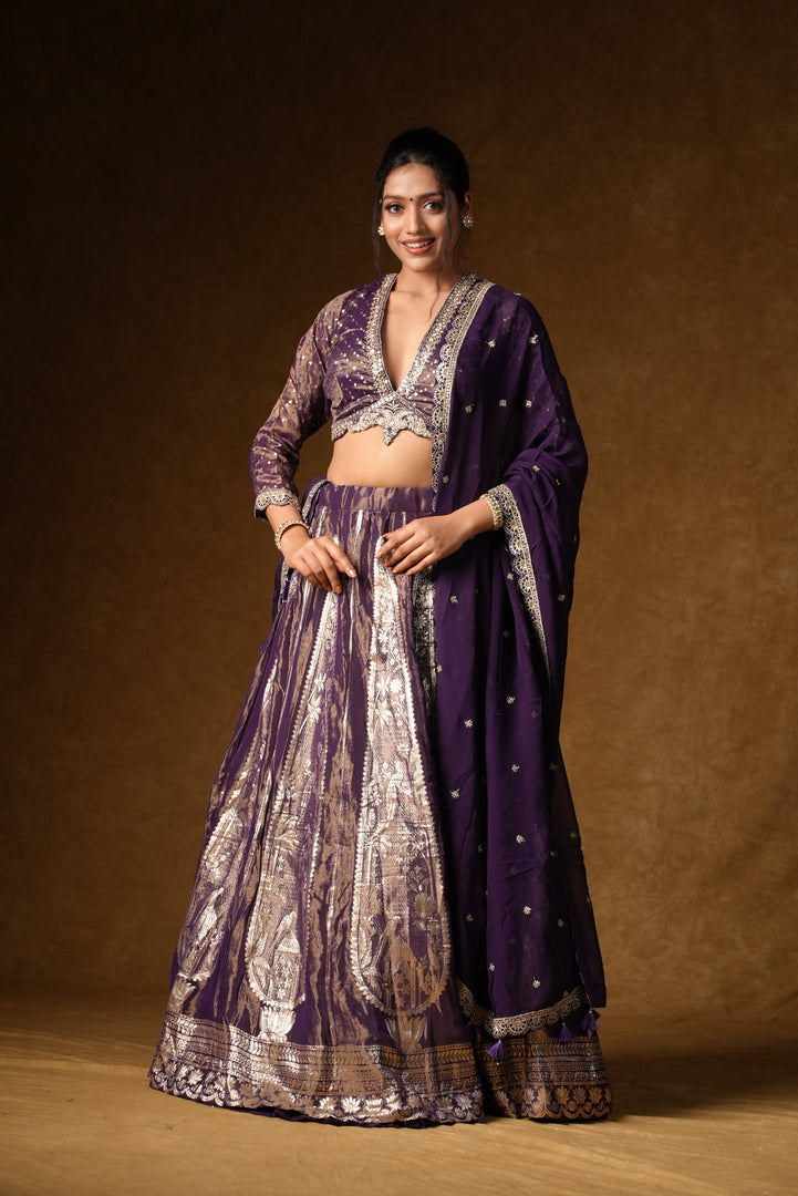 Purple Metallic Foil Print Lehenga Set